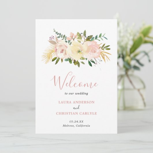 Elegant Gold Blush Pink Floral Wedding Programma (Staand voorkant)