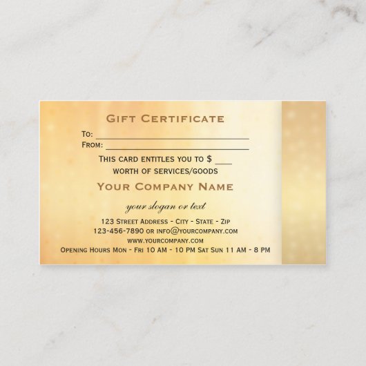 Elegant Gold Bokeh Modèle de certificat cadeau (Dos)