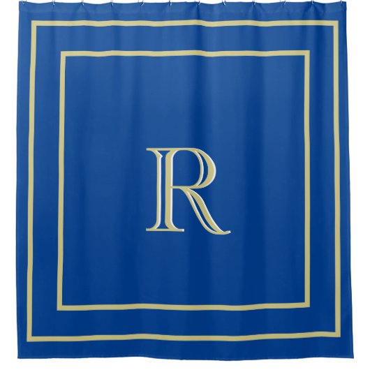 Elegant Gold Border en Custom Monogram Blue Douchegordijn (Voorkant)