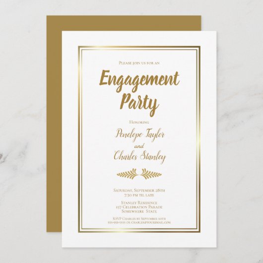 Elegant Gold Border Engagement Party Kaart (Voorkant / Achterkant)