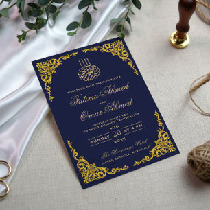 Elegant Gold Border Navy Islamic Muslim Weduwen Kaart