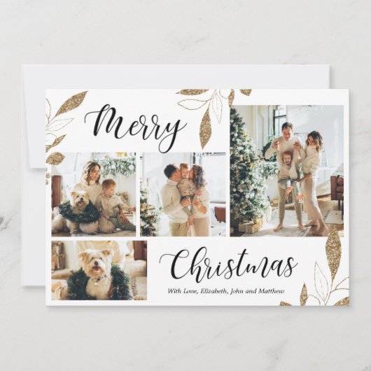 Elegant Gold Botanical 4 Photo Collage Kerstmis (Voorkant)