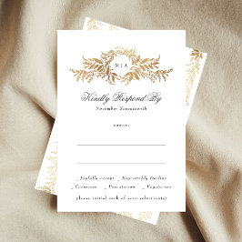 elegant gold botanical wreath monogram wedding RSVP kaartje