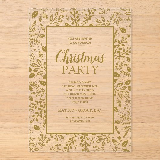 Elegant Gold Botanicals Christmas Party Acryl Uitnodigingen (Voorkant)