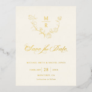 Elegant Gold Botanische Calligrafie Sparen de Datu Folie Uitnodiging Briefkaart