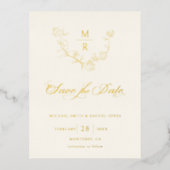 Elegant Gold Botanische Calligrafie Sparen de Datu Folie Uitnodiging Briefkaart (Voorkant)