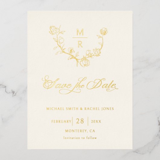 Elegant Gold Botanische Calligrafie Sparen de Datu Folie Uitnodiging Briefkaart (Voorkant)