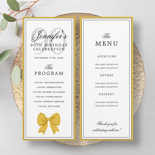 Elegant Gold Bow 90th Birthday Program + Menu Kaart