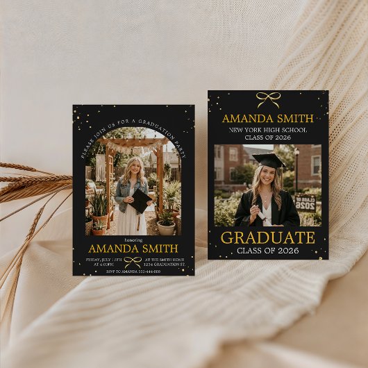 Elegant Gold Bow Graduation Photo Invitation