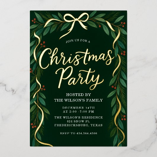 Elegant Gold Bow Greenery Christmas Party  Folie Uitnodiging (Voorkant)
