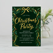 Elegant Gold Bow Greenery Christmas Party  Folie Uitnodiging (Staand Voorkant)