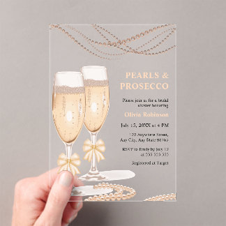 Elegant Gold Bow Pearls and Prosecco Bridal Shower Acryl Uitnodigingen