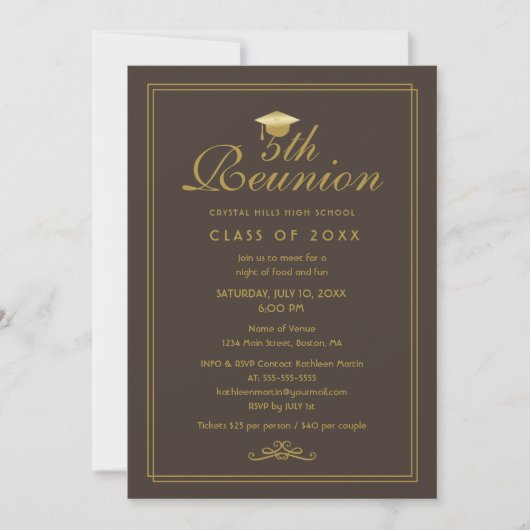 Elégant Gold Brown 5e Classe Reunion Invitation (Devant)
