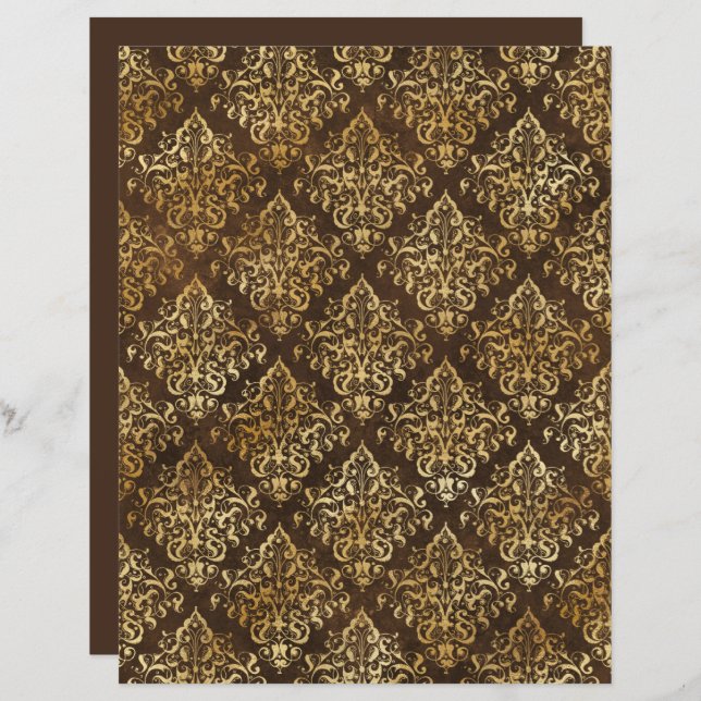 Elegant Gold Brown Damask Pattern Papier à rebut (Devant / Derrière)