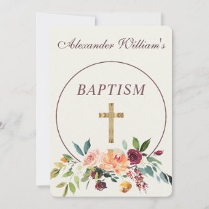 Elegant Gold Burgundy Floral Baby Christening Kaart