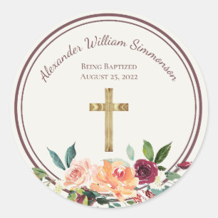Elegant Gold Burgundy Floral Baby Christening Ronde Sticker