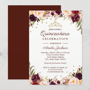 Elegant Gold Burgundy Floral Quinceanera Kaart