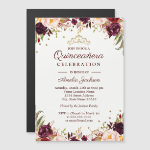 Elegant Gold Burgundy Floral Quinceanera Magnetische Uitnodiging