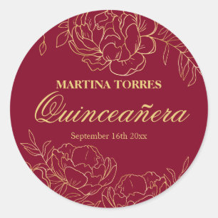 Elegant Gold Burgundy Red Floral Quinceanera Ronde Sticker