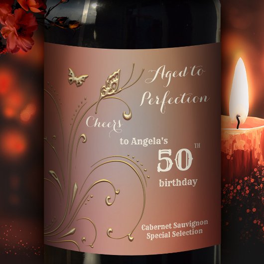 Elegant Gold Butterfly Birthday Wine Label Wijn Etiket