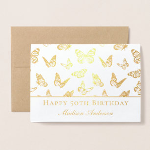 Elegant Gold Butterfly Pattern Happy 50th Birthday Folie Kaarten