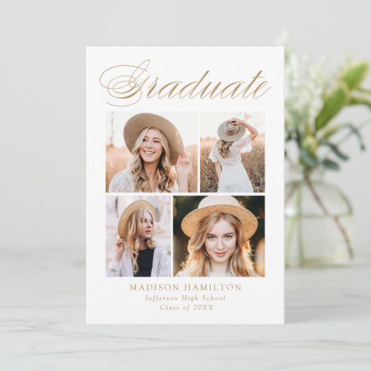 Elegant Gold Calligrafie 4 Foto Afstuderen Aankondiging (Staand voorkant)
