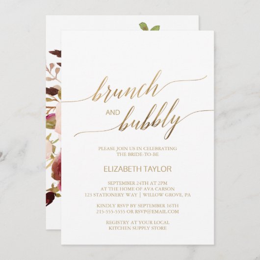 Elegant Gold Calligrafie | Floral Brunch en Bubble Kaart (Voorkant / Achterkant)