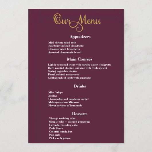 Elegant Gold Calligrafie op Paarse bruiloft Menu (Voorkant)