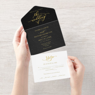 Elegant Gold Calligraphy Black Wedding All In One Uitnodiging