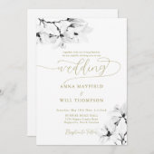 Elegant Gold Calligraphy Classic Magnolia Wedding Kaart (Voorkant / Achterkant)
