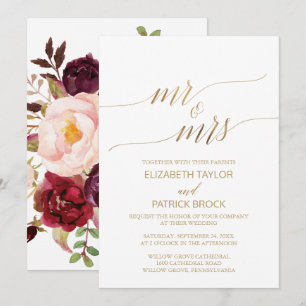 Elegant Gold Calligraphy Floral Mr & Mrs Wedding Kaart