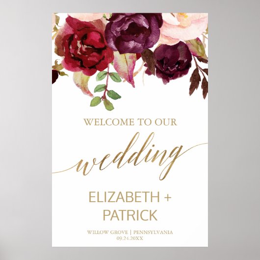 Elegant Gold Calligraphy Floral Wedding Welcome Poster (Voorkant)