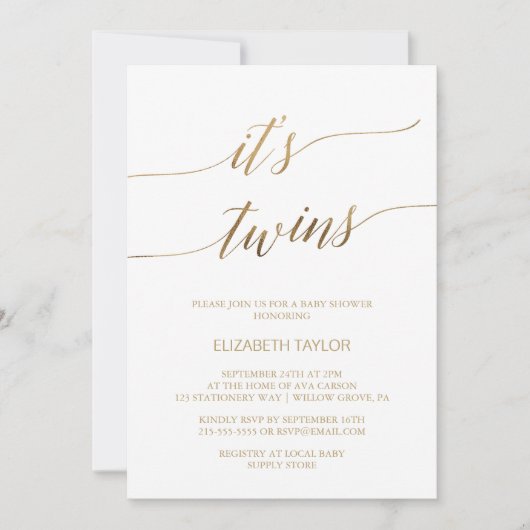 Elegant Gold Calligraphy Het is Twins Baby shower Kaart (Voorkant)
