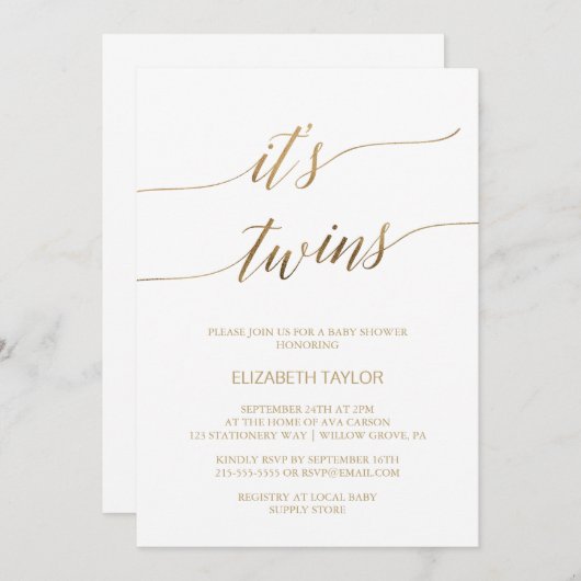 Elegant Gold Calligraphy Het is Twins Baby shower Kaart (Voorkant / Achterkant)