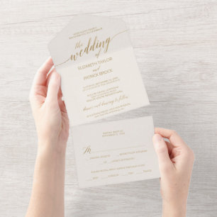 Elegant Gold Calligraphy Ivory Wedding All In One Uitnodiging