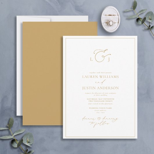 Elegant Gold Calligraphy Monogram Wedding Kaart