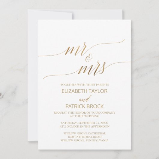 Elegant Gold Calligraphy Mr & Mrs Wedding Kaart (Voorkant)