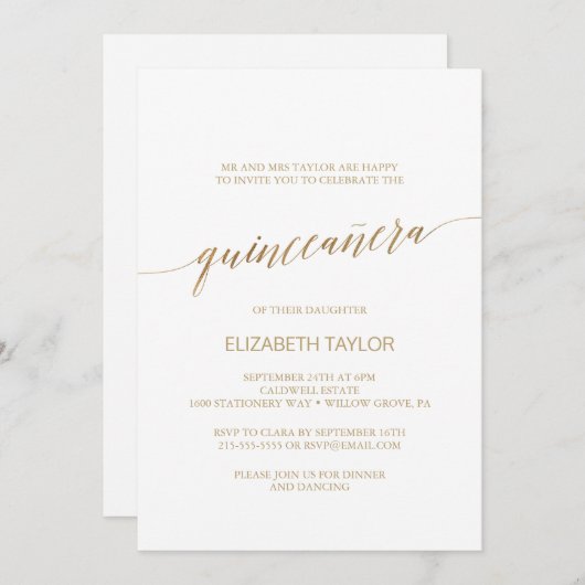 Elegant Gold Calligraphy Quinceañera Kaart (Voorkant / Achterkant)