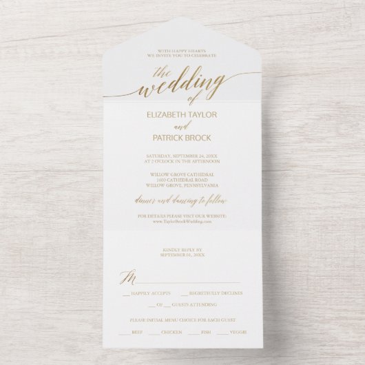 Elegant Gold Calligraphy Wedding All In One Uitnodiging (Binnen)