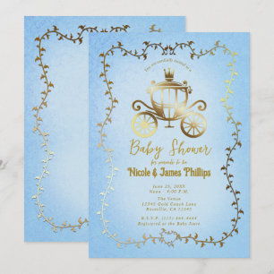 Elegant Gold Carriage Blue Storybook Baby shower Kaart