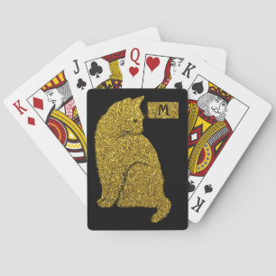 Elegant Gold Cat op Black Cat Lover Monogram Pokerkaarten