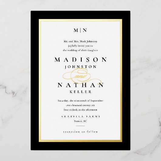 Elegant Gold Classic Black and White Wedding Folie Uitnodiging (Voorkant)