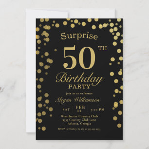 Elegant Gold Confetti Black Surprise 50th Birthday Kaart