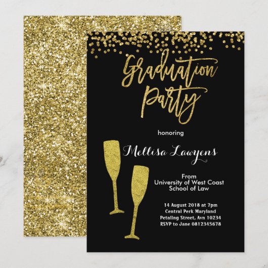 Elégant Gold Confetti Graduation Party Invitation (Devant / Derrière)