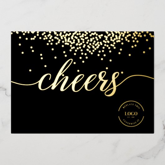 Elegant gold confetti on black Cheers logo Folie Feestdagenkaart (Voorkant)