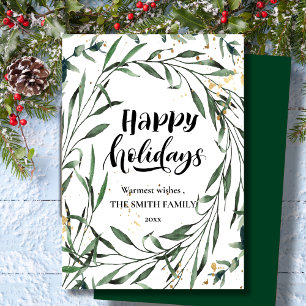 Elegant Gold Confetti Pine Foliage Moderne Script Feestdagenkaart