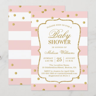 Elegant Gold Confetti Pink Stripes Baby shower Kaart
