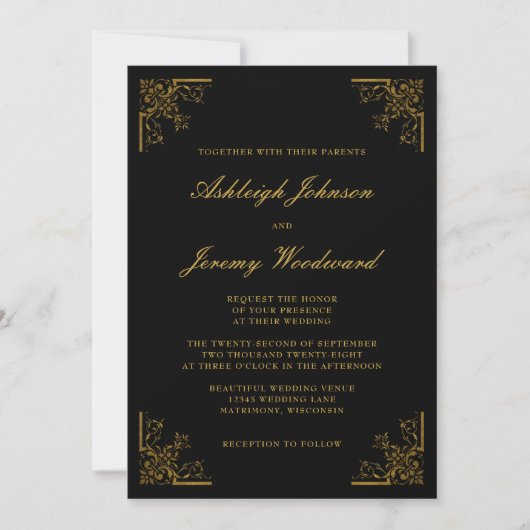 Elegant Gold Corners Script Black Weduwschap Kaart (Voorkant)