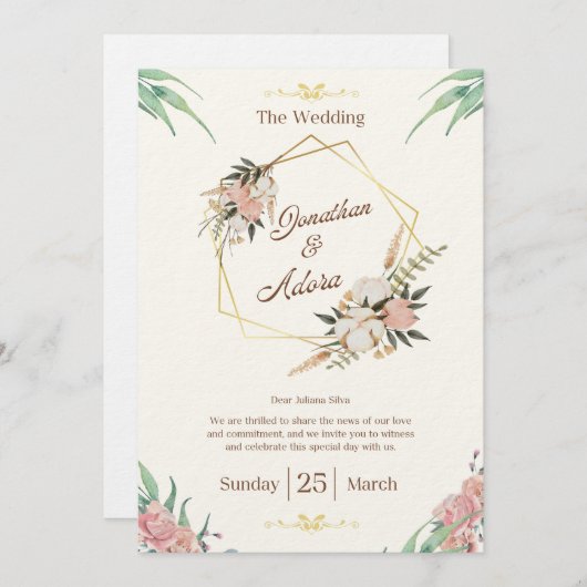 Elegant Gold & Cream Minimalist Wedding Invitation (Devant / Derrière)