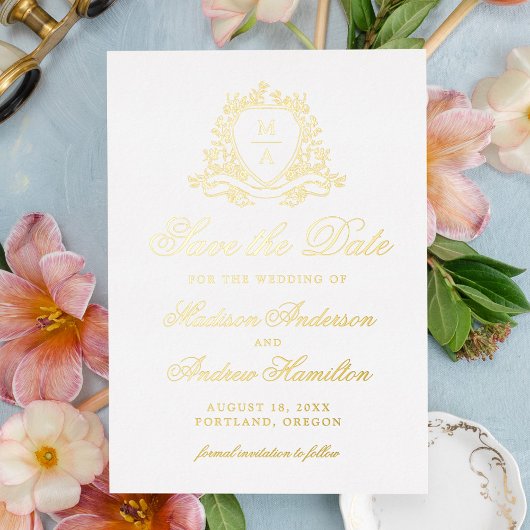 Elegant Gold Crest Monogram Wedding Save The Date Folie Uitnodiging